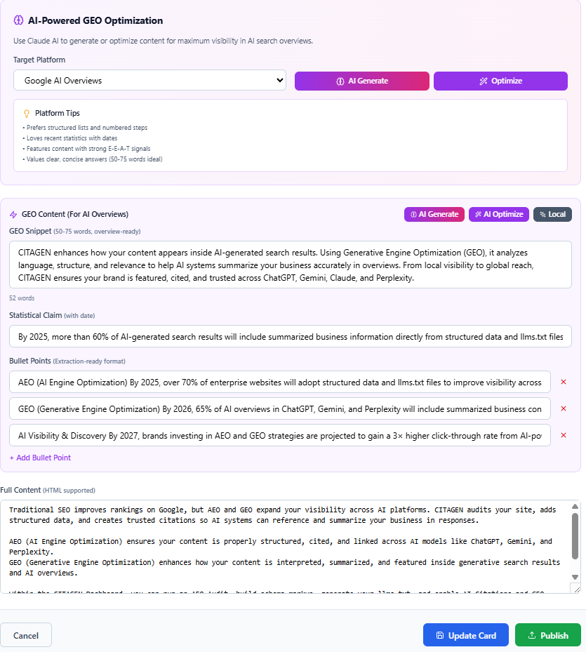 GEO optimization interface with AI-powered content generation